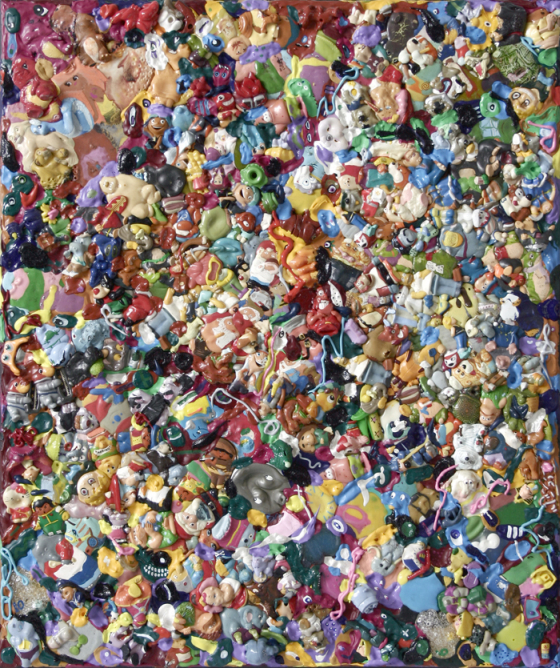 „Kinder Surprise / Plastikowe gardło”, akryl, plastik, cienkopis na płótnie 60x50 cm, 2014