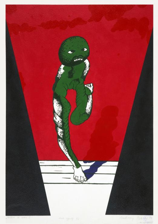 Andrzej Basaj, Zejście ze sceny V, 1970, linoryt barwny, papier, 70,5 x 50 cm,  zdjęcia ze zbiorów Zachęty Narodowej Galerii Szt
