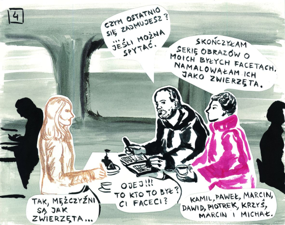 Pola Dwurnik, Egzamin u Artura, rysunek nr 4, 2011, tusz, kredka, kolaż na papierze, 30x42cm