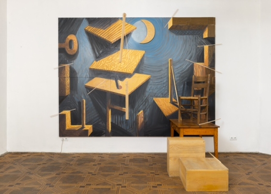 Jan Mioduszewski, „Obraz z miejscem siedzącym (w świetle księżyca)”, 2014, akryl i asamblaż na płótnie