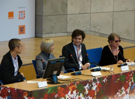 Sesja plenarna: Przestrzenie twórczości, od lewej: Michał Zadara, Ewa Rewers, Grzegorz Jarzyna, Agnieszka Holland