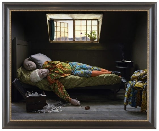 YINKA SHONIBARE, MBE; Fake Death Picture (The Death of Chatterton - Henry Wallis), 2011, digital chromogenic print, 58 5/8 x 71 1/4 inches © The Artist / Courtesy James Cohan Gallery, New York/Shanghai