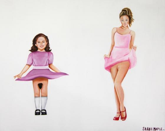 Bez tytułu ze spódniczkami w górę, (Untitled with skirts up), Olej na dykcie, 40.5 x 51 cm, 2011