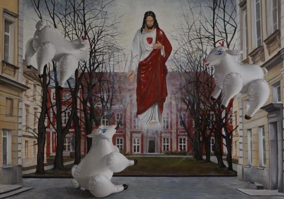Jezus Dobry Pasterz nad dziedzińcem Akademii Sztuk Pięknych w Warszawie, olej na płótnie, 210 x 145 cm