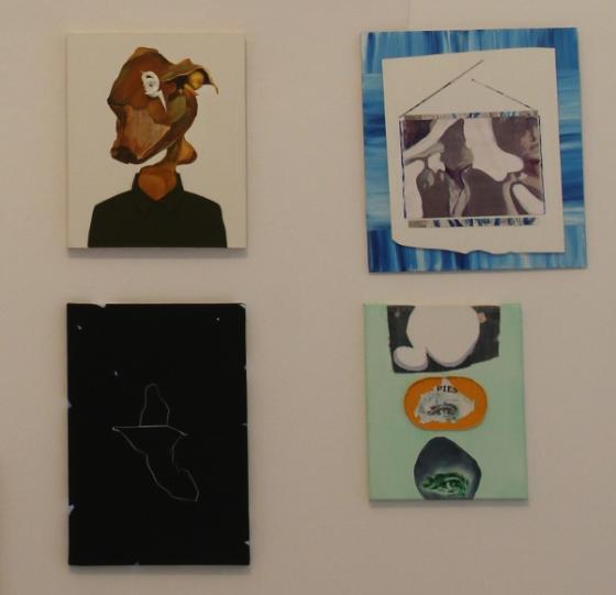 od lewej: „Portret”, 2010; „Myśli podczas randki”, 2010; „Kazanie przed zmieleniem”, 2010; „Pies naoczny”, 2011; fot. Mariusz Michalski