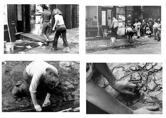 Mierle Laderman Ukeles, "Washing", 1974 Przed A.I.R. Gallery na Wooster Street w Soho, Nowy Jork 17 czarno białych zdjęć, tekst